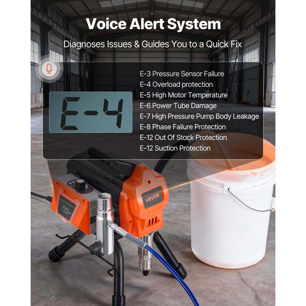 VEVOR Bezpowietrzny pistolet natryskowy do farby 1500 W, 3300 psi, 2,65 l/min, z szczotką czyszczącą, wężem, przedłużką i dyszami, pistolet natryskowy do farb w domach i budynkach