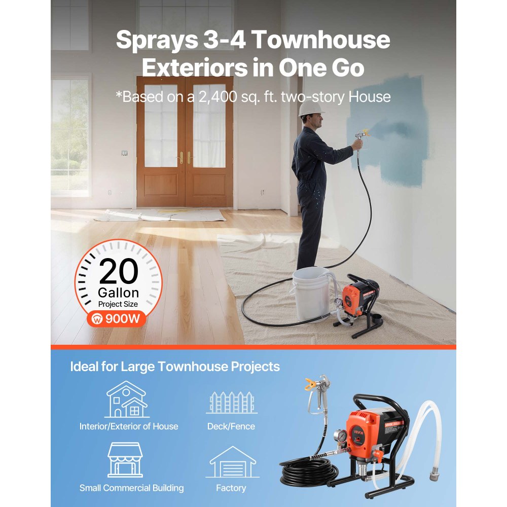 VEVOR Bezpowietrzny pistolet natryskowy do farby 900 W, 3300 psi, 1,78 l/min, z szczotką czyszczącą, wężem, przedłużką i dyszami, pistolet natryskowy do farb w domach i budynkach