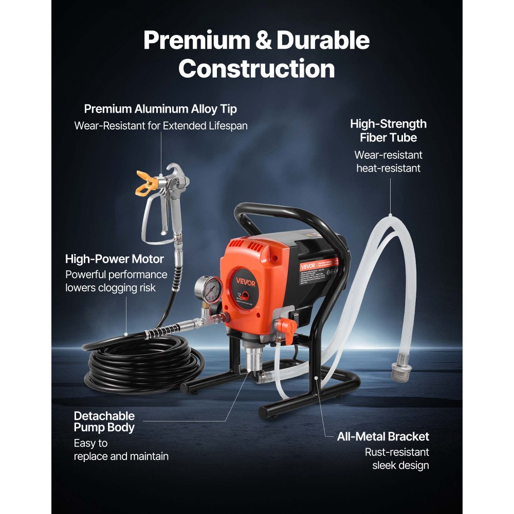 VEVOR Bezpowietrzny pistolet natryskowy do farby 900 W, 3300 psi, 1,78 l/min, z szczotką czyszczącą, wężem, przedłużką i dyszami, pistolet natryskowy do farb w domach i budynkach