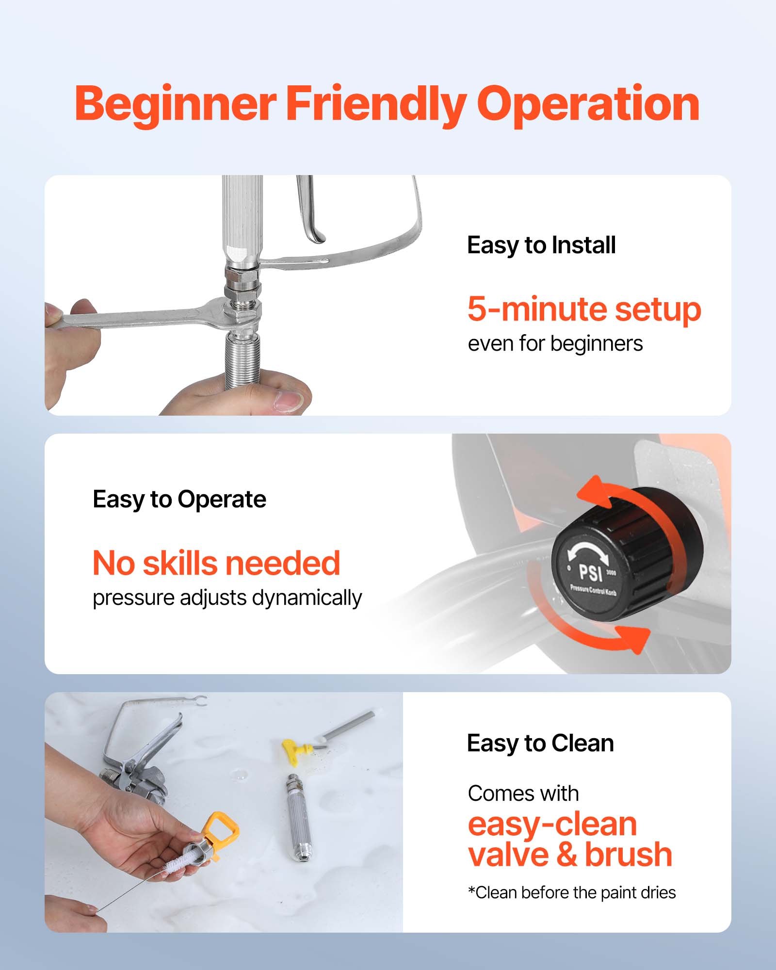 VEVOR Bezpowietrzny pistolet natryskowy do farby 900 W, 3300 psi, 1,78 l/min, z szczotką czyszczącą, wężem, przedłużką i dyszami, pistolet natryskowy do farb w domach i budynkach