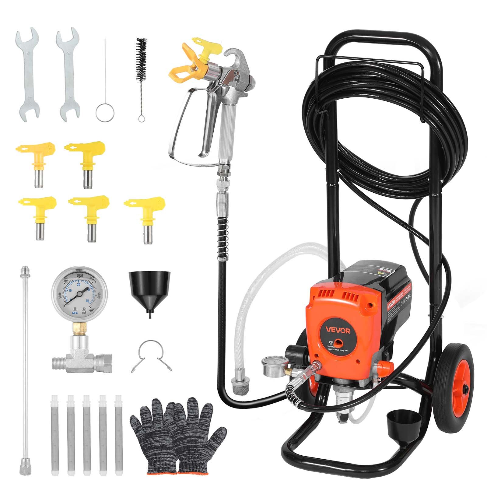 VEVOR Bezpowietrzny pistolet natryskowy ze stojakiem, 900 W, 3300 psi, system natrysku farby ze szczotką czyszczącą, wężem, drążkiem przedłużającym i dyszami, pistolet natryskowy do domów i budynków