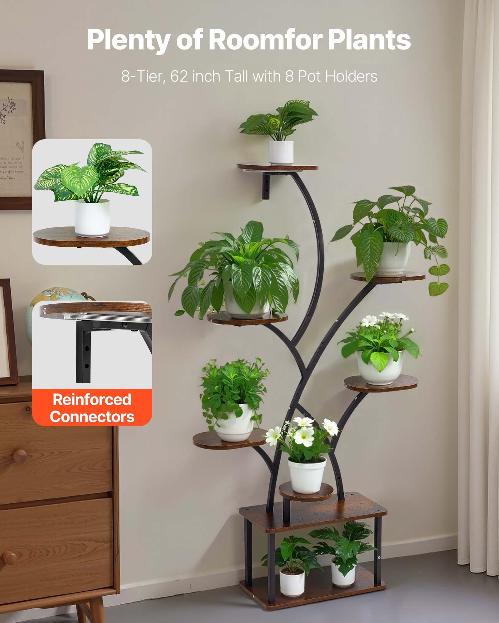 VEVOR Plant Stand Indoor with Grow Lights, 157.5cm Tall 8-Tier Lighted Plant Shelf, Metal Corner Plants Holder, 3 Timer & 10 Brightness, Tree-Shaped Flower Display Rack for Living Room Balcony Decor