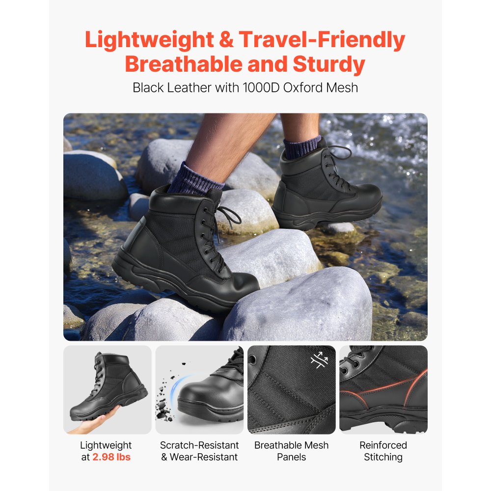 Buty robocze VEVOR dla mężczyzn, buty bojowe i trekkingowe 152,4 mm, lekkie, oddychające i motocyklowe, buty służbowe do bezpiecznego wspinania się na łonie natury, rozmiar US 9,5