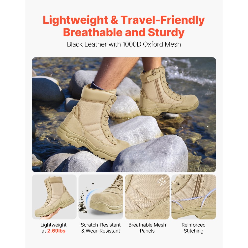 Buty robocze VEVOR dla mężczyzn, buty bojowe i trekkingowe, 203 mm, oddychające buty motocyklowe z bocznym zamkiem błyskawicznym, buty robocze do użytku na zewnątrz, rozmiar US 10,5, kolor piaskowy