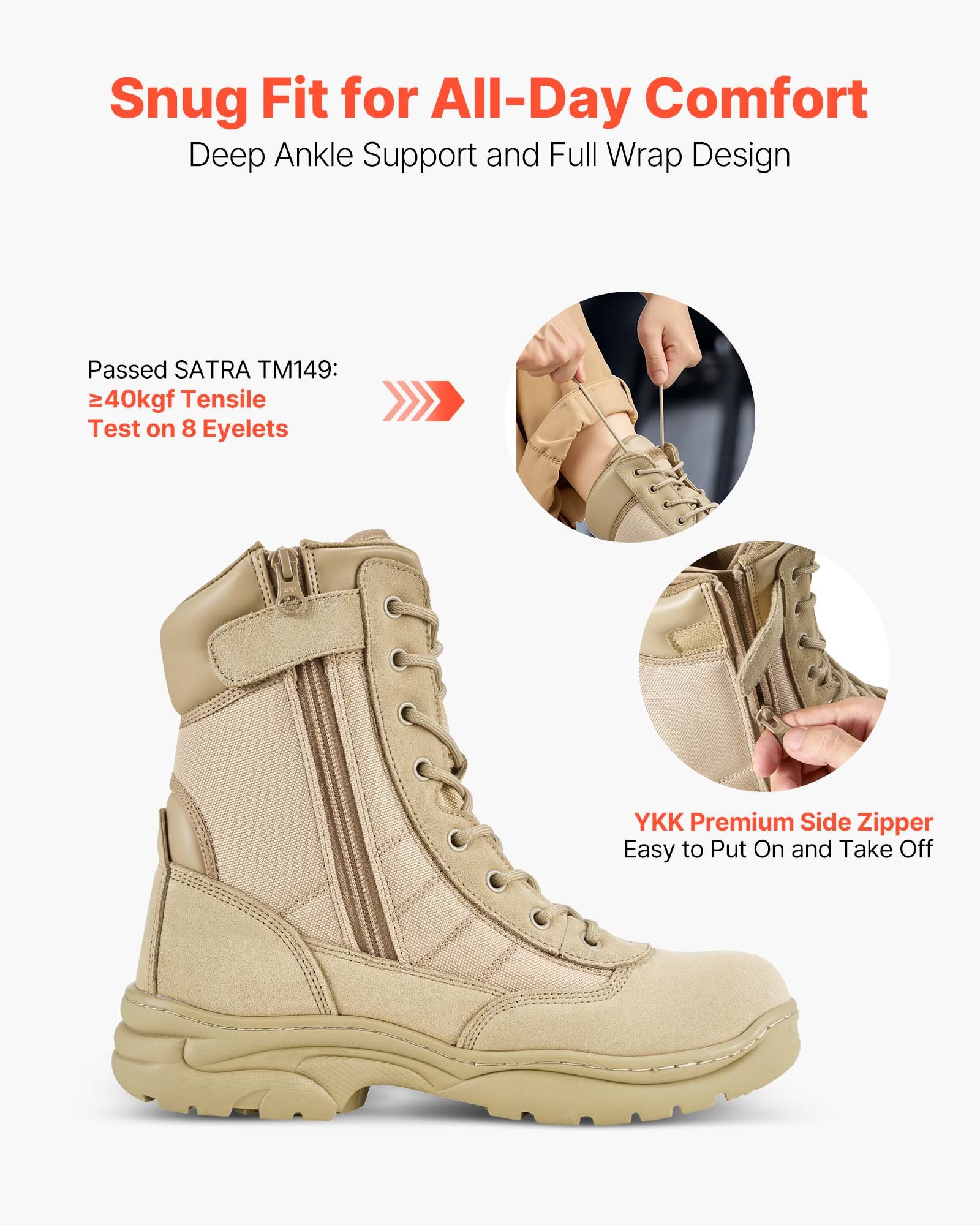 Buty robocze VEVOR dla mężczyzn, buty bojowe i trekkingowe, oddychające buty motocyklowe z bocznym zamkiem błyskawicznym, buty robocze do użytku na zewnątrz, rozmiar US 9,5, kolor piaskowy