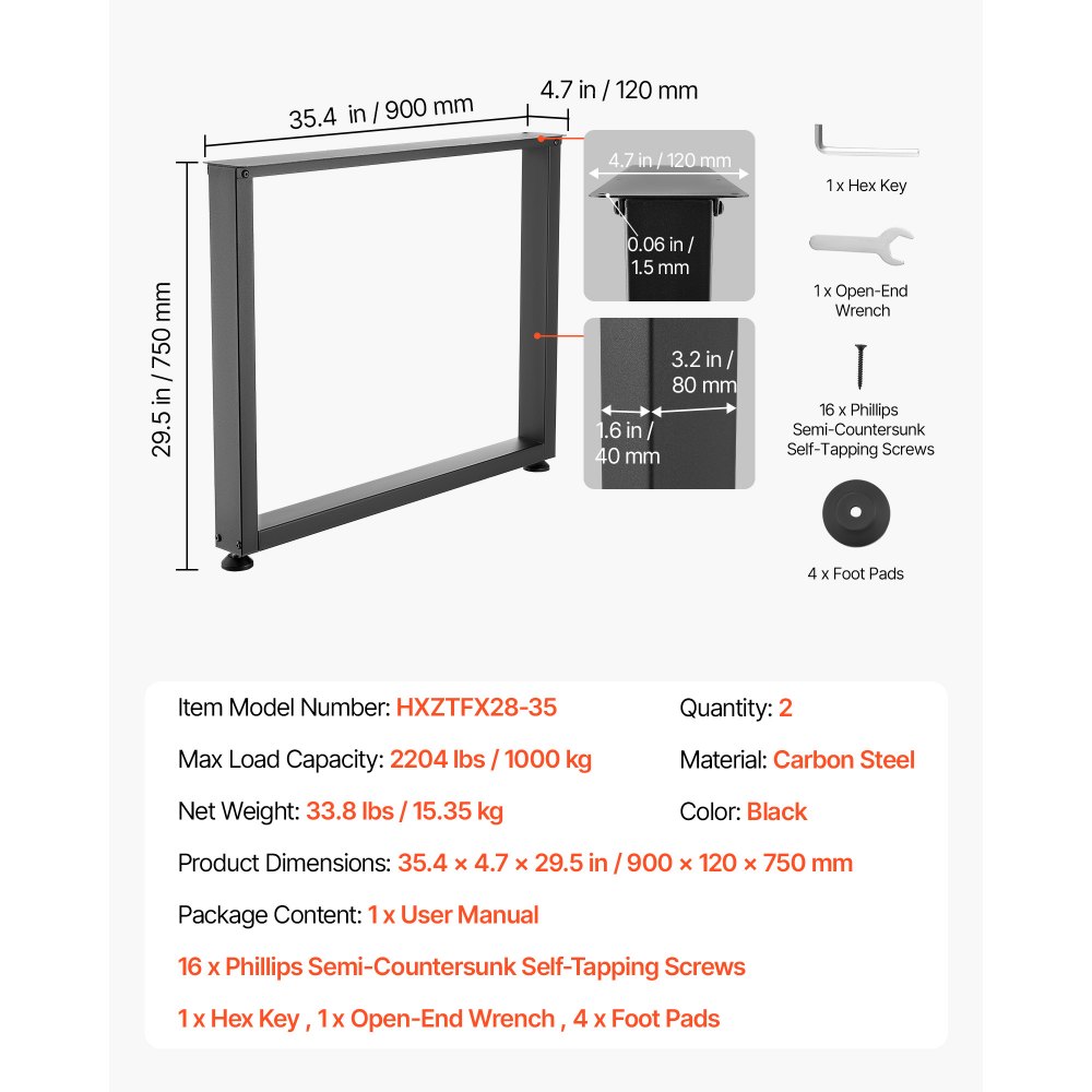 Nogi do stołu VEVOR z profili kwadratowych, zestaw 2 szt., 750 x 900 mm, podstawa stołu, maks. nośność 1000 kg, nogi do stołu, stopy meblowe, rama stołu, stopy do biurek, stolików kawowych, stołów jadalnych, kolor czarny