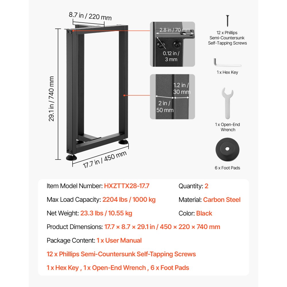 Nogi do stołu VEVOR, zestaw 2 szt., 450 x 220 x 740 mm, podstawa stołu w kształcie litery T, udźwig 1000 kg, nogi do stołu ze stali węglowej, stopy meblowe, rama stołu, nogi do biurek, stolików kawowych, stołów jadalnych, kolor czarny