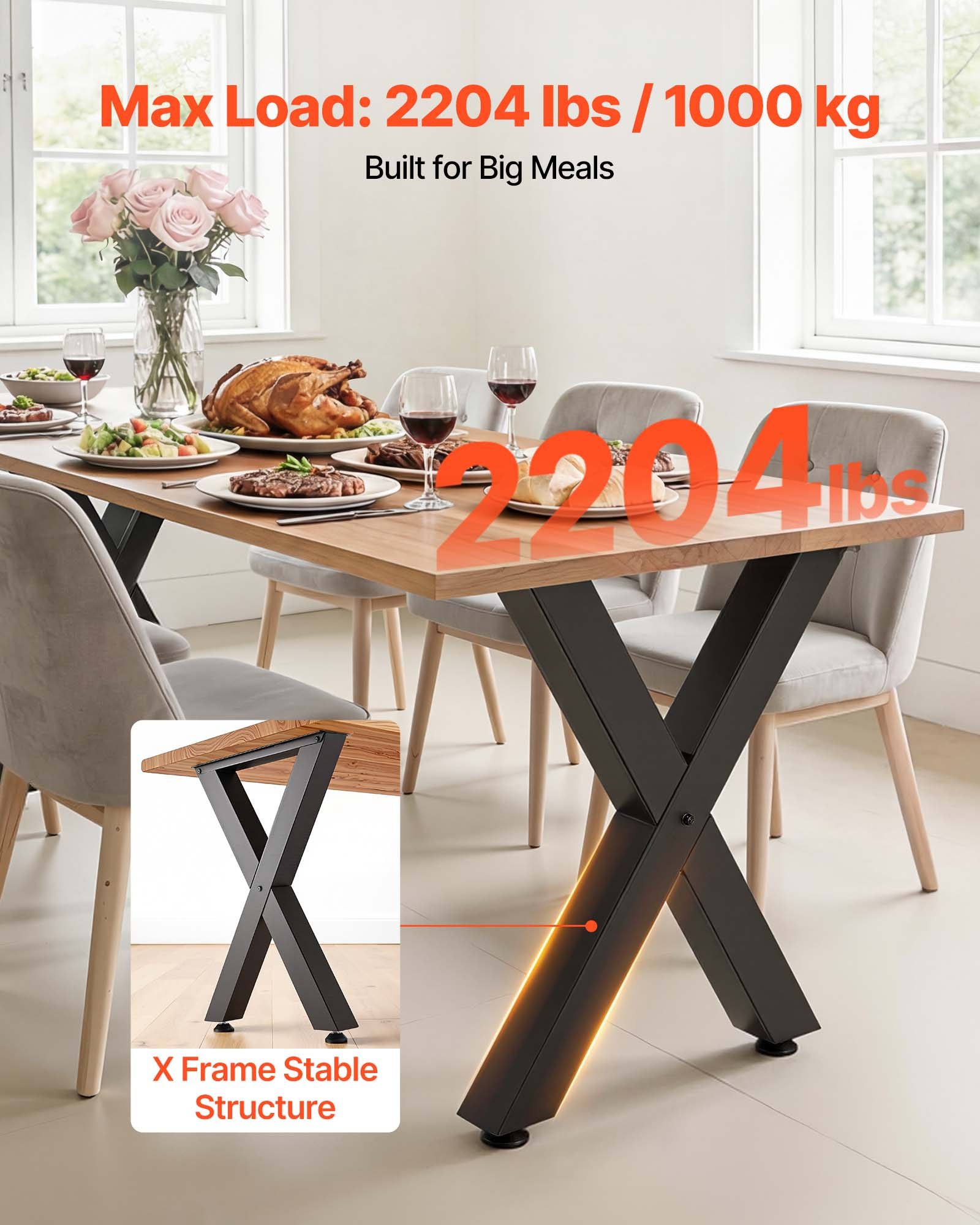 Nogi do stołu VEVOR, zestaw 2 szt., 600 x 750 mm, podstawa w kształcie litery X, udźwig 1000 kg, nogi do stołu ze stali węglowej, stopy meblowe, rama stołu, nogi do biurek, stolików kawowych, stołów jadalnych, kolor czarny