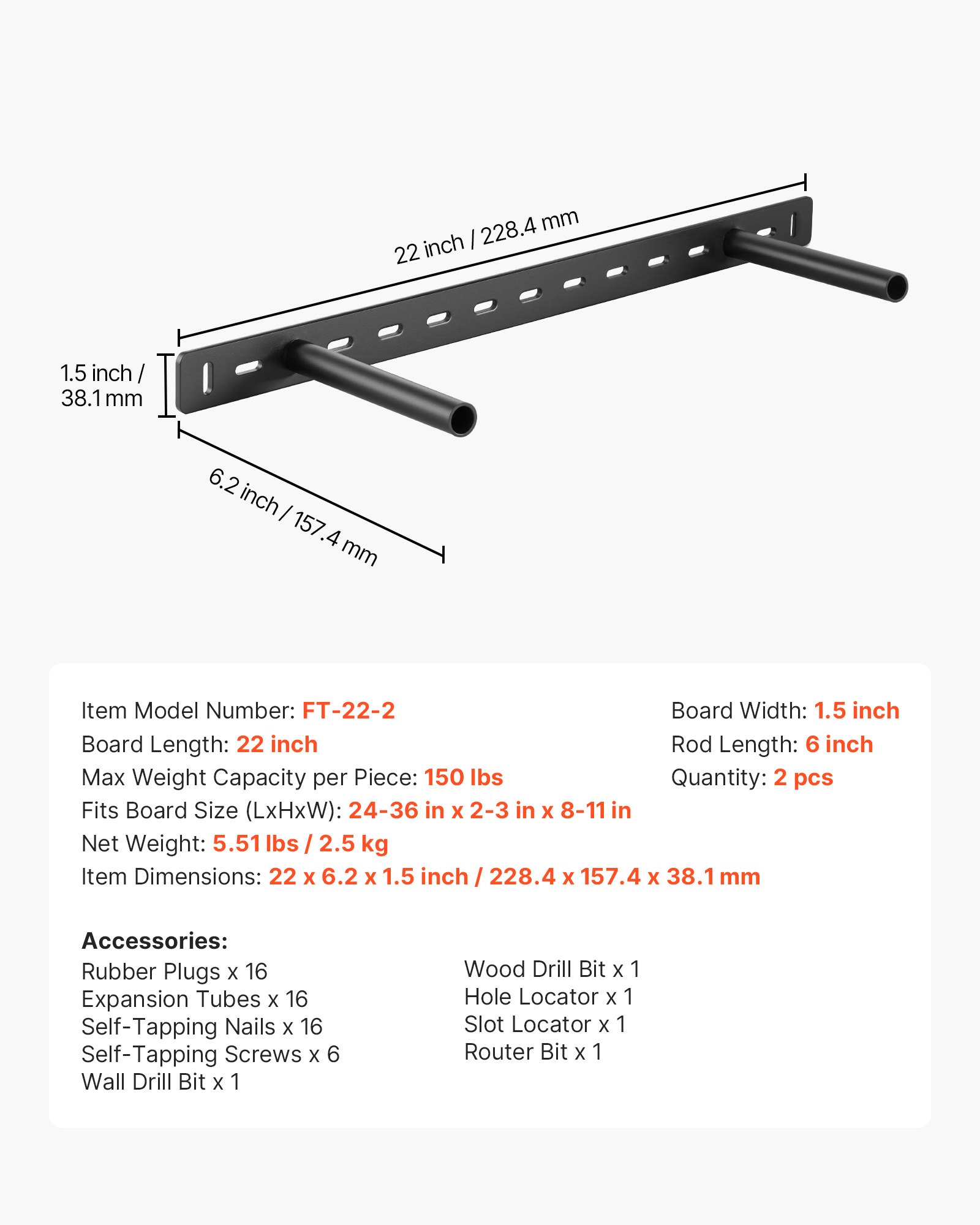Wsporniki półek VEVOR, 2 sztuki, nośność 68 kg, wytrzymałe wsporniki półek, 558,4 x 157,4 x 38,1 mm, wspornik półki do półek ukrytych, niewidoczny wspornik do półek wiszących do montażu na ścianie