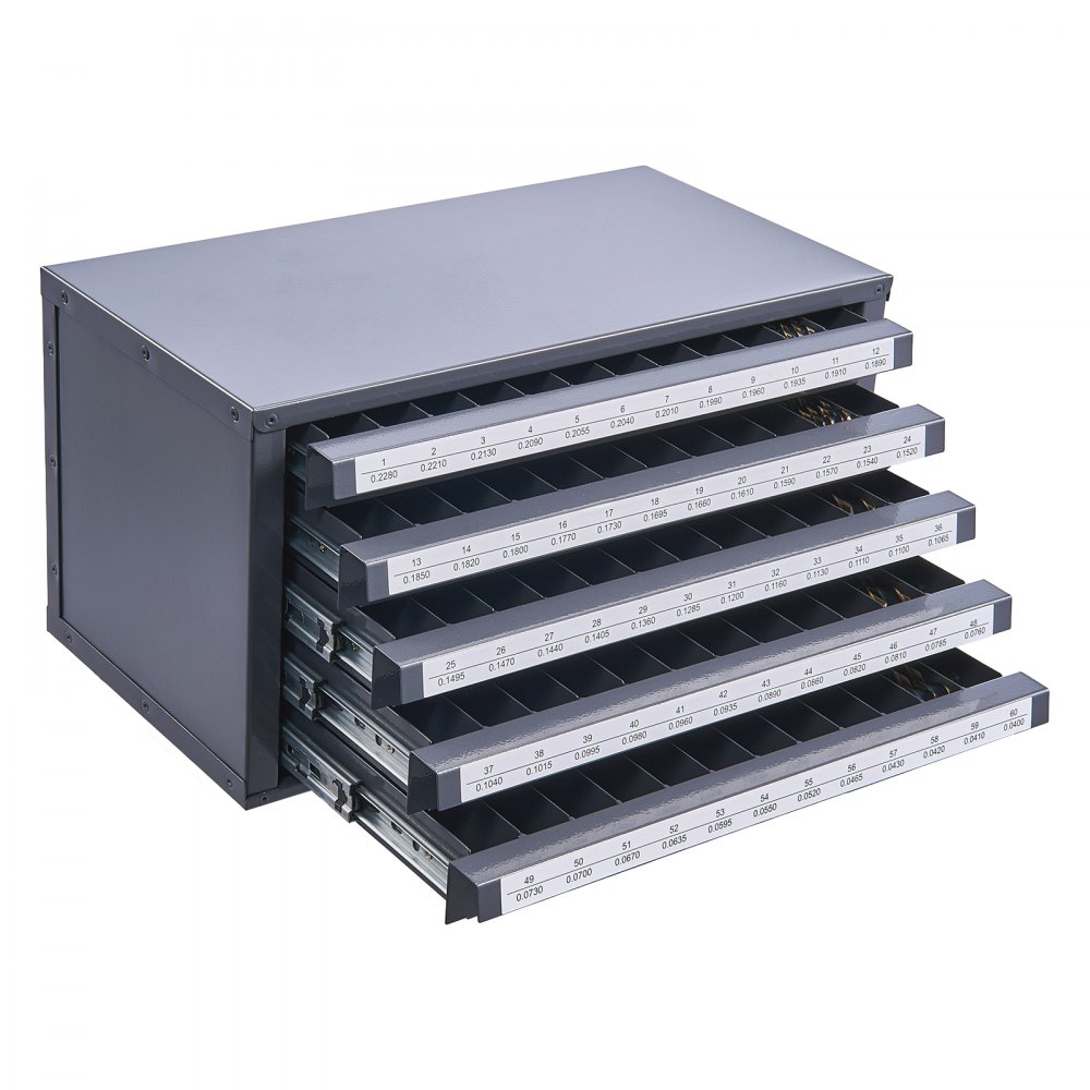 VEVOR Drill Bit Dispenser Cabinet, Drill Bit Organizer with Five Drawers for Drill Bit Dispensers No. 1 to No. 60, Made of Steel with Labels, Stackable Drill Bit Dispenser for Storing Engraved Drill Bits