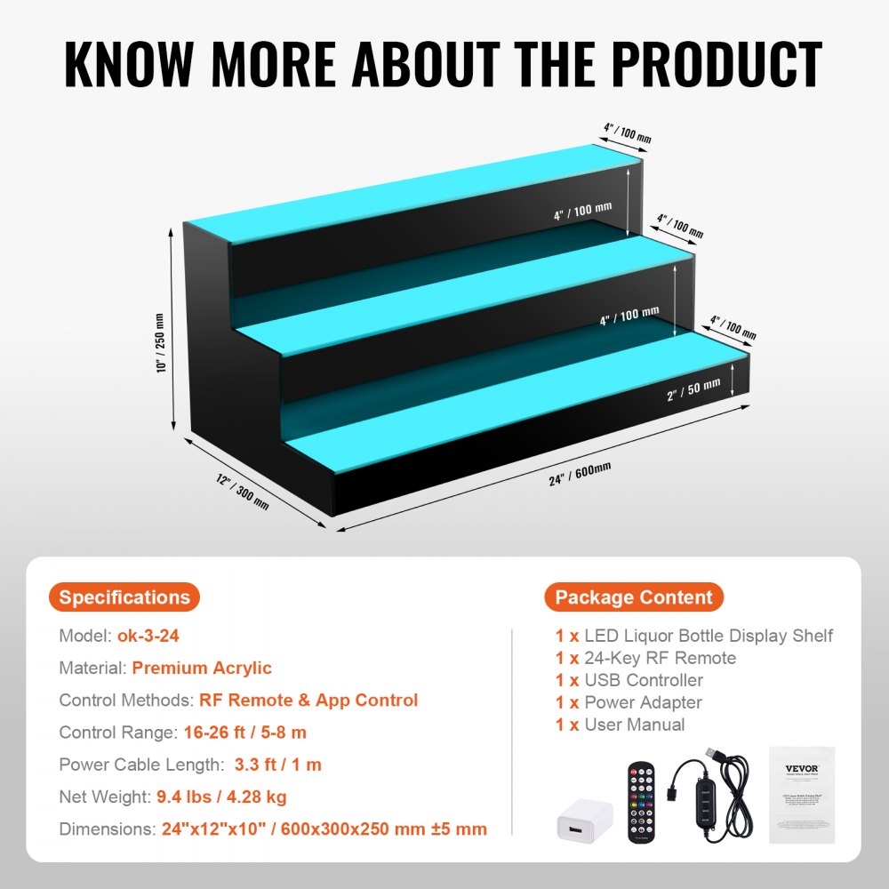 VEVOR Bar Shelf Wine Rack, LED-Illuminated Home Bar Shelf with RF Remote Control and App Control, 3-Tier Acrylic Drink Lighting Shelf, 600 x 300 x 250 mm Commercial Wine Bottle Stand