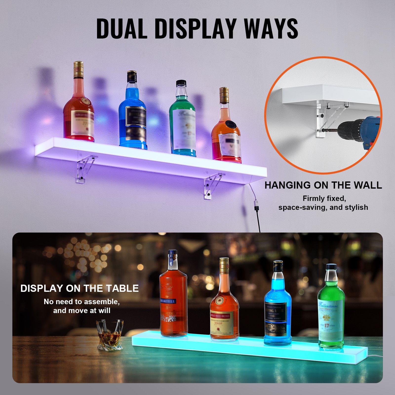 VEVOR Bar Shelf Wine Rack, LED-Illuminated Home Bar Shelf with RF Remote Control and App Control, 1-Tier Acrylic Drink Lighting Shelf, 762 x 114 x 32 mm Wine Bottle Stand Wall/Tabletop