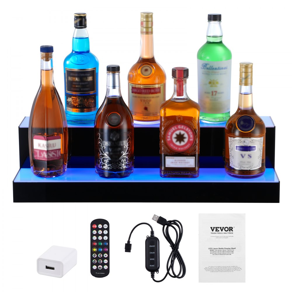 VEVOR Bar Shelf Wine Rack, LED-Illuminated Home Bar Shelf with RF Remote Control and App Control, 2-Tier Acrylic Drink Lighting Shelf, 60 x 20 x 15 cm Freestanding Wine Bottle Stand