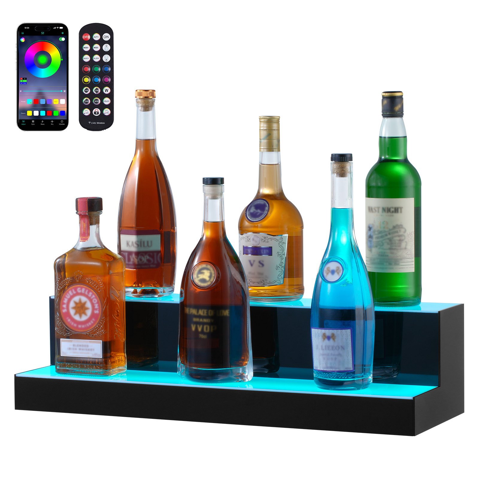 VEVOR Bar Shelf Wine Rack, LED-Illuminated Home Bar Shelf with RF Remote Control and App Control, 2-Tier Acrylic Drink Lighting Shelf, 60 x 20 x 15 cm Freestanding Wine Bottle Stand