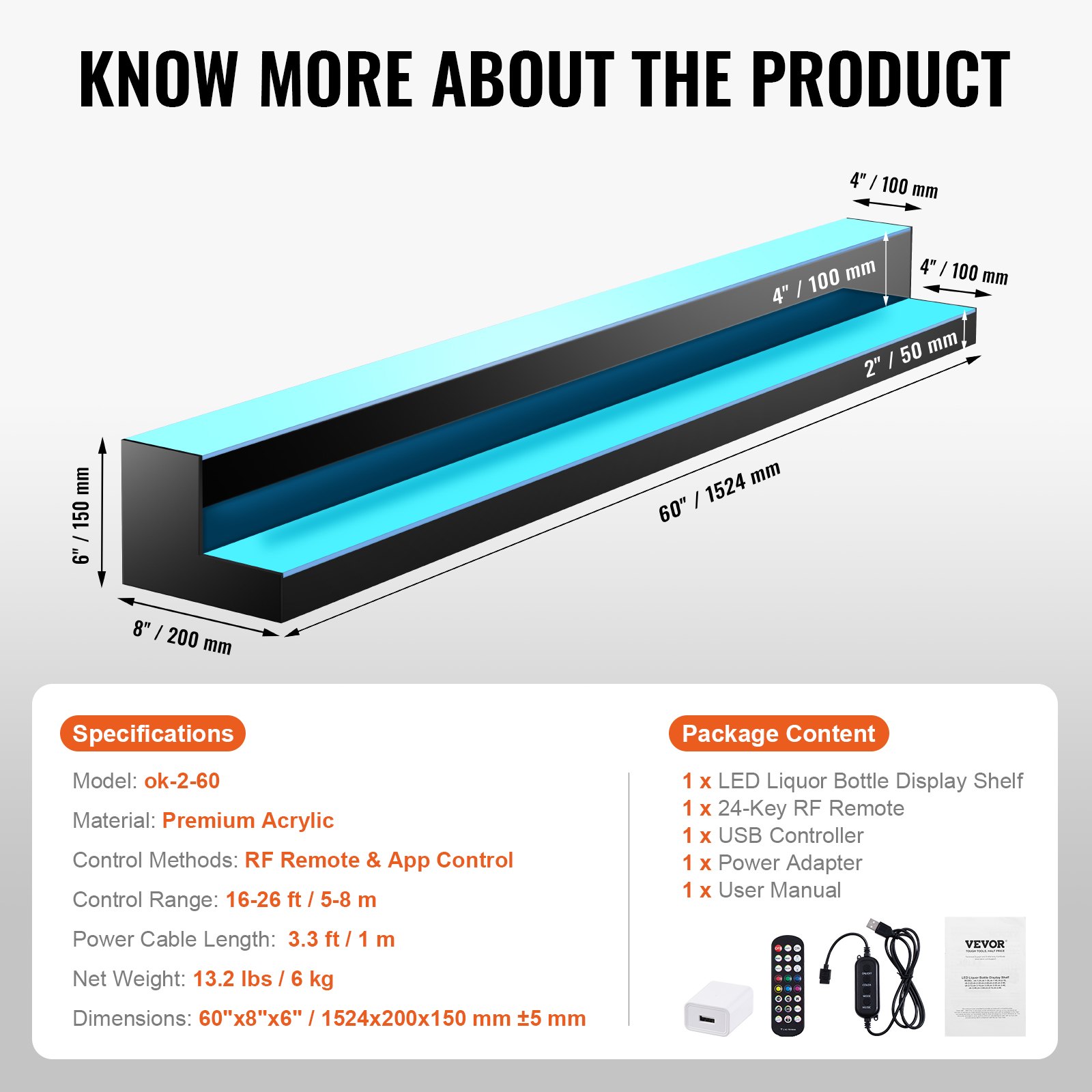 VEVOR Bar Półka na wino, Podświetlana diodami LED, Zdalne sterowanie RF i aplikacją, Dwupoziomowa akrylowa półka na napoje, Stojak na butelki wina, Wolnostojący, 1524 x 200 x 150 mm