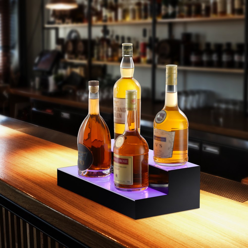 VEVOR Bar Półka na wino, podświetlana diodami LED, z pilotem RF i aplikacją, 2-poziomowa akrylowa półka na napoje z oświetleniem, 405 x 200 x 114 mm, wolnostojący stojak na butelki wina