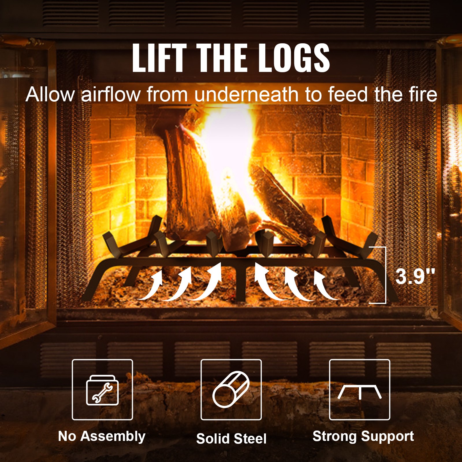 Ruszt kominkowy VEVOR, 27-calowy, wytrzymały ruszt kominkowy z 6 nogami podporowymi, pręty stalowe malowane proszkowo o średnicy 3/4 cala, uchwyt na drewno opałowe do kominków wewnętrznych i zewnętrznych