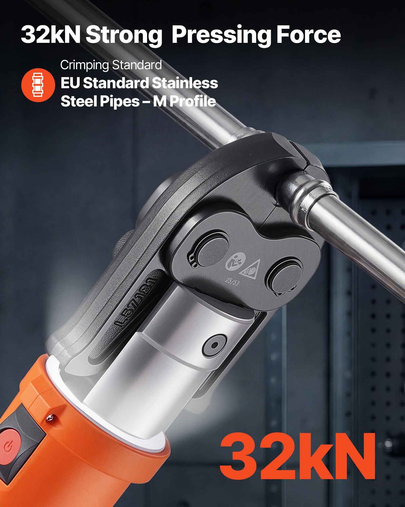 Zestaw zaciskarek akumulatorowych VEVOR 18 V, zaciskarka 32 kN z 3 szczękami zaciskającymi M15, M22, M28 i głowicą obrotową 180°, elektryczna zaciskarka z akumulatorami 4,0 Ah do rur ze stali nierdzewnej do 54 mm, 40 HRC dla wysokiej wydajności