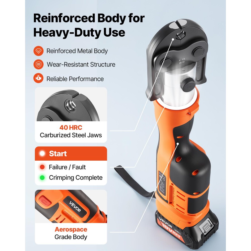 Zestaw zaciskarek akumulatorowych VEVOR 18 V, zaciskarka 32 kN z 3 szczękami zaciskającymi V15, V22, V28 i głowicą obrotową 180°, elektryczna zaciskarka z akumulatorami 4,0 Ah do rur ze stali nierdzewnej do 54 mm, 40 HRC dla wysokiej wydajności
