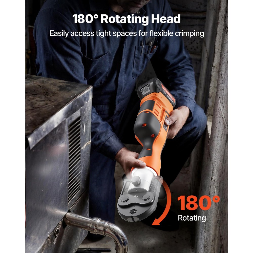 Zestaw zaciskarek akumulatorowych VEVOR 18 V, zaciskarka 32 kN z 3 szczękami zaciskającymi V15, V22, V28 i głowicą obrotową 180°, elektryczna zaciskarka z akumulatorami 4,0 Ah do rur ze stali nierdzewnej do 54 mm, 40 HRC dla wysokiej wydajności
