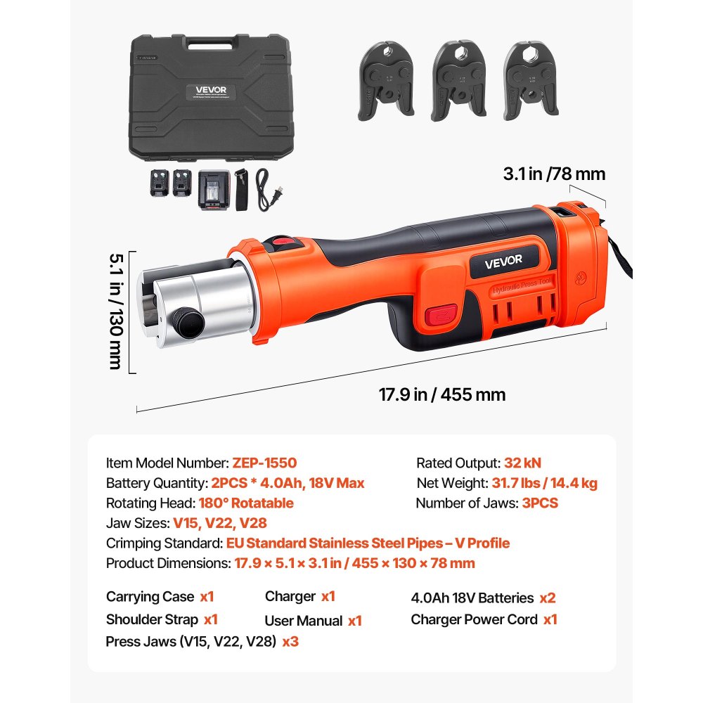 Zestaw zaciskarek akumulatorowych VEVOR 18 V, zaciskarka 32 kN z 3 szczękami zaciskającymi V15, V22, V28 i głowicą obrotową 180°, elektryczna zaciskarka z akumulatorami 4,0 Ah do rur ze stali nierdzewnej do 54 mm, 40 HRC dla wysokiej wydajności