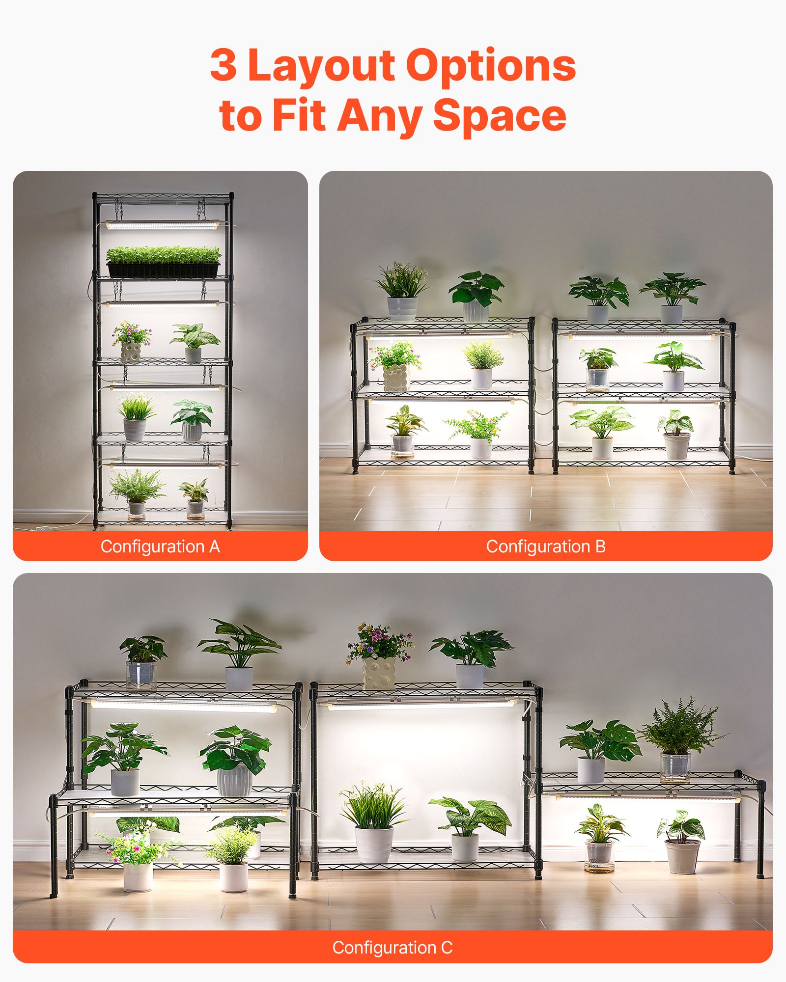 VEVOR DIY Plant Shelf with Grow Lights, 180cm Tall Indoor Plant Stand with Wheels, 192W 5000K Full Spectrum Grow Lights, Heavy Duty Metal Plants Display Rack, Flower Pot Holder for Seed Starting