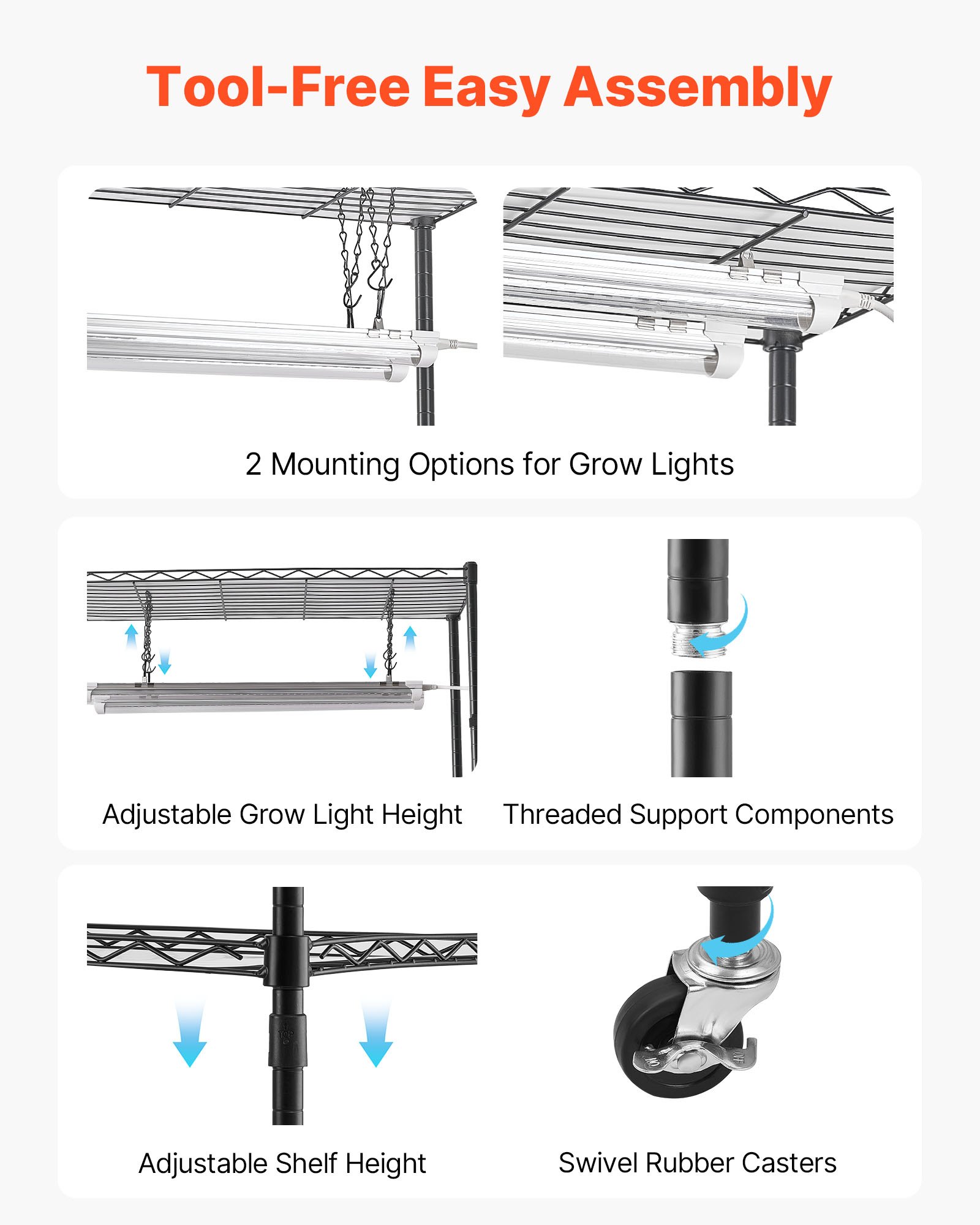 VEVOR DIY Stojak na rośliny z lampami do uprawy, stojak na rośliny z kółkami, 192 W, 5000 K, pełne spektrum światła, metalowa półka na rośliny, stojak na kwiaty do siewu, 750 x 350 x 1800 mm