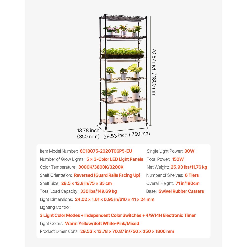VEVOR Plant Shelf with Grow Light, 6-Tier Indoor Plant Stand, 180cm Tall Plants Display Rack with Wheels & 4/9/14H Timer, 150W 3-Color Full Spectrum Grow Lights, Flower Pot Holder for Seed Starting