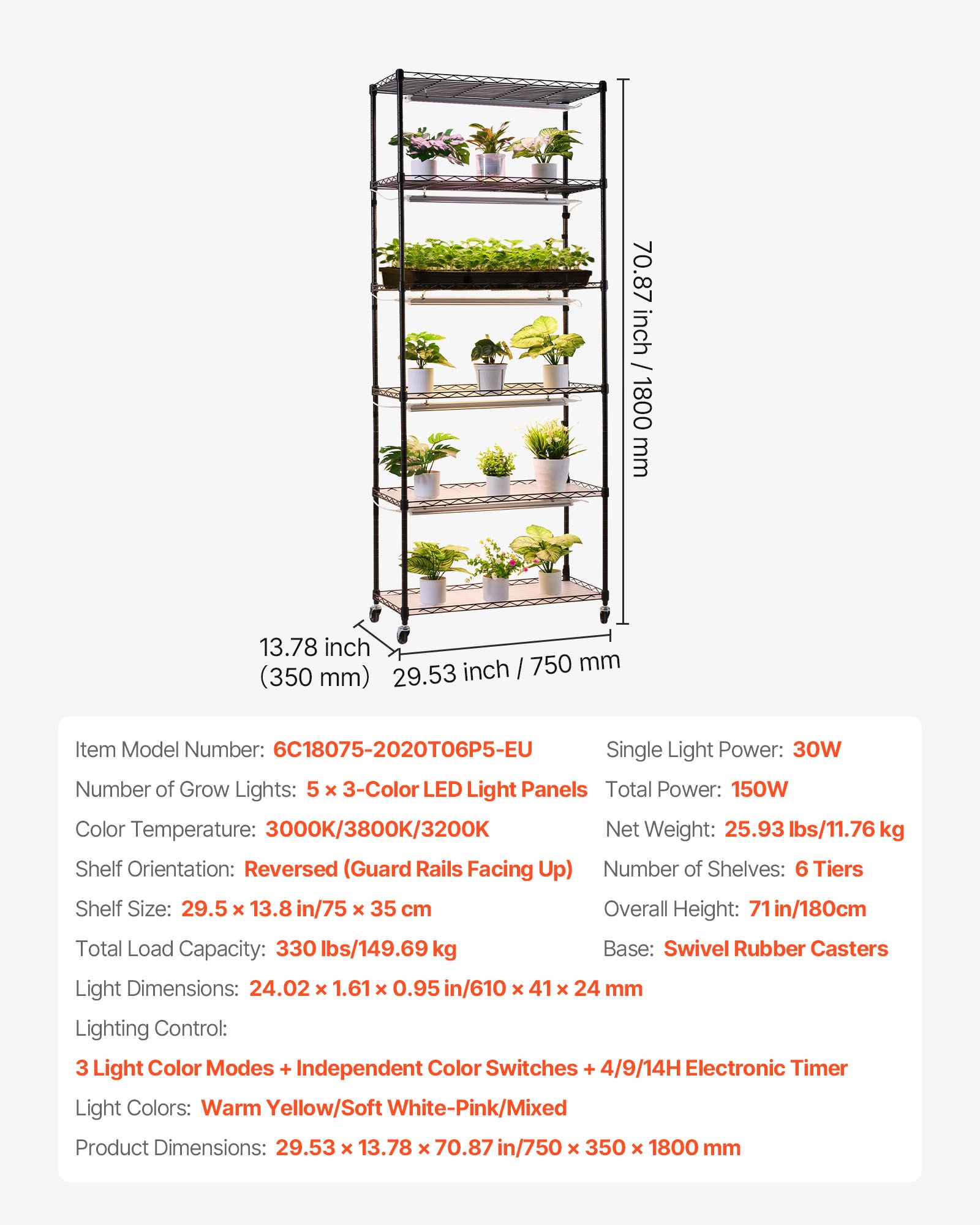 VEVOR Plant Shelf with Grow Light, 6-Tier Indoor Plant Stand, 180cm Tall Plants Display Rack with Wheels & 4/9/14H Timer, 150W 3-Color Full Spectrum Grow Lights, Flower Pot Holder for Seed Starting