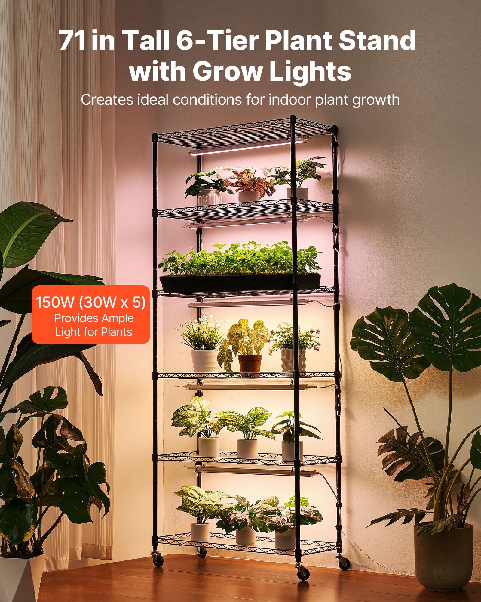 VEVOR Plant Shelf with Grow Light, 6-Tier Indoor Plant Stand, 180cm Tall Plants Display Rack with Wheels & 4/9/14H Timer, 150W 3-Color Full Spectrum Grow Lights, Flower Pot Holder for Seed Starting