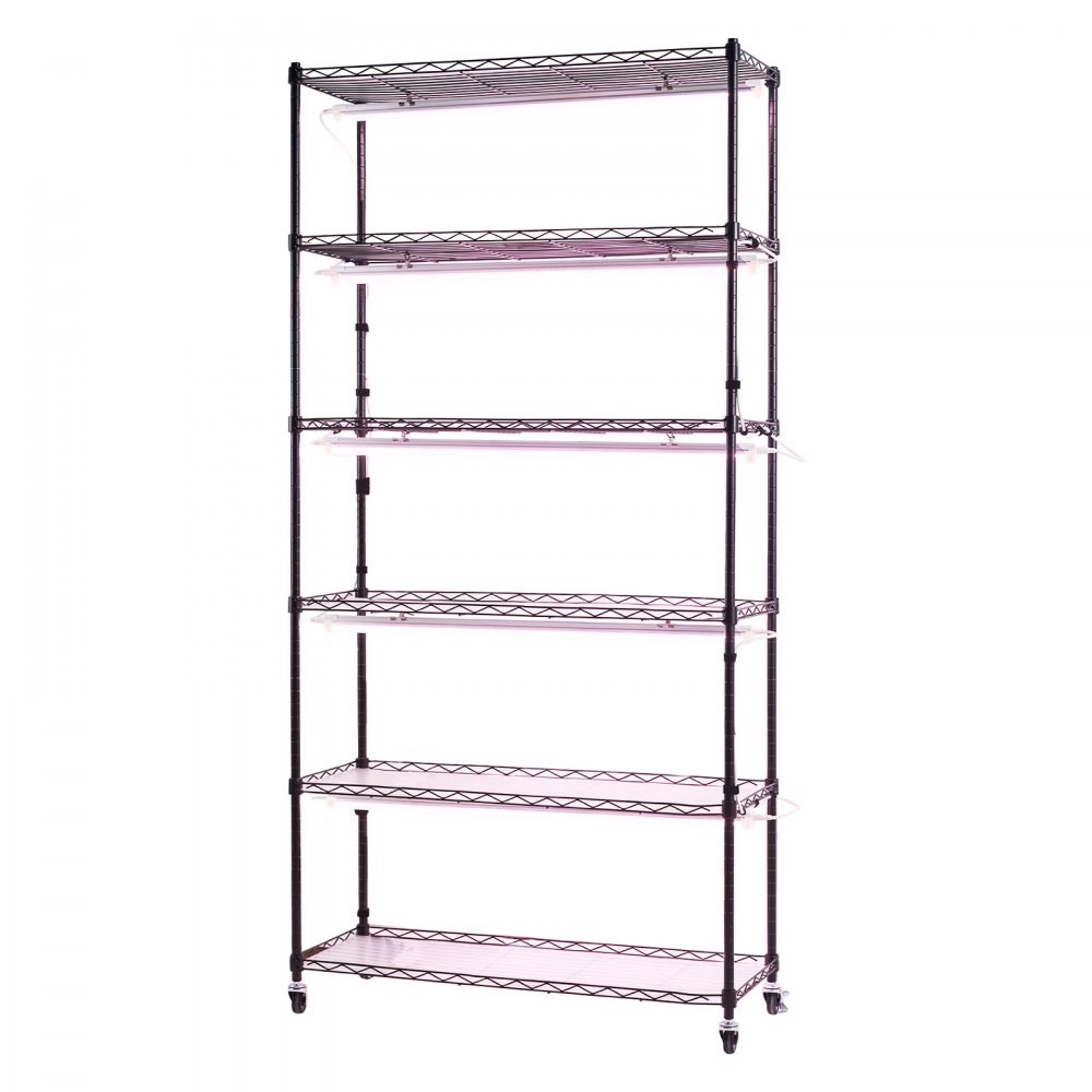 Stojak na rośliny VEVOR z lampami do uprawy, 6-poziomowy stojak na rośliny doniczkowe z kółkami i timerem, 150 W, 3800 K, pełne spektrum światła, metalowy stojak na kwiaty do siewu, 90 x 35 x 180 cm