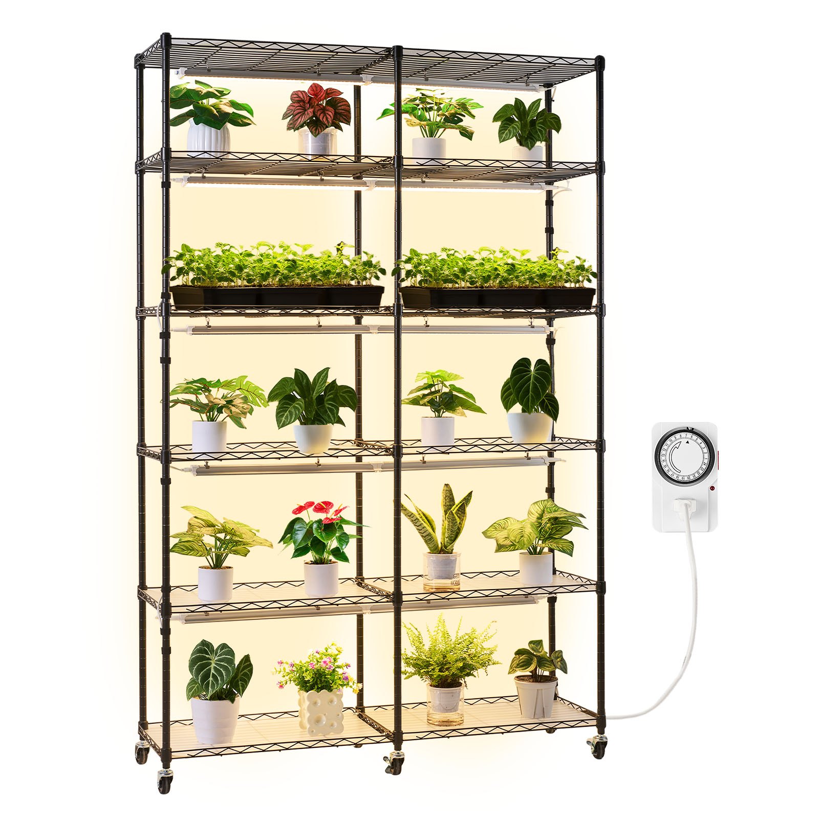 VEVOR Plant Shelf with Grow Light, 6-Tier Double-Row Plant Stand, 180cm Tall Indoor Plants Display Rack with Wheels & Timer, 200W Full Spectrum Grow Lights, Metal Flower Pot Holder for Seed Starting