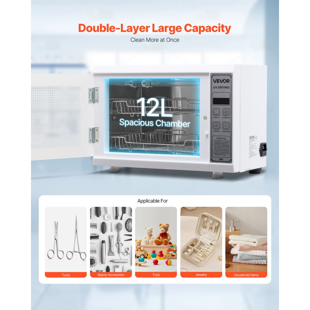 VEVOR Sterylizator UV do czyszczenia narzędzi do paznokci (12 l / 160 W) Wielofunkcyjny sterylizator do paznokci z funkcją timera, szafka czyszcząca z drzwiami ze szkła hartowanego, do laboratoriów