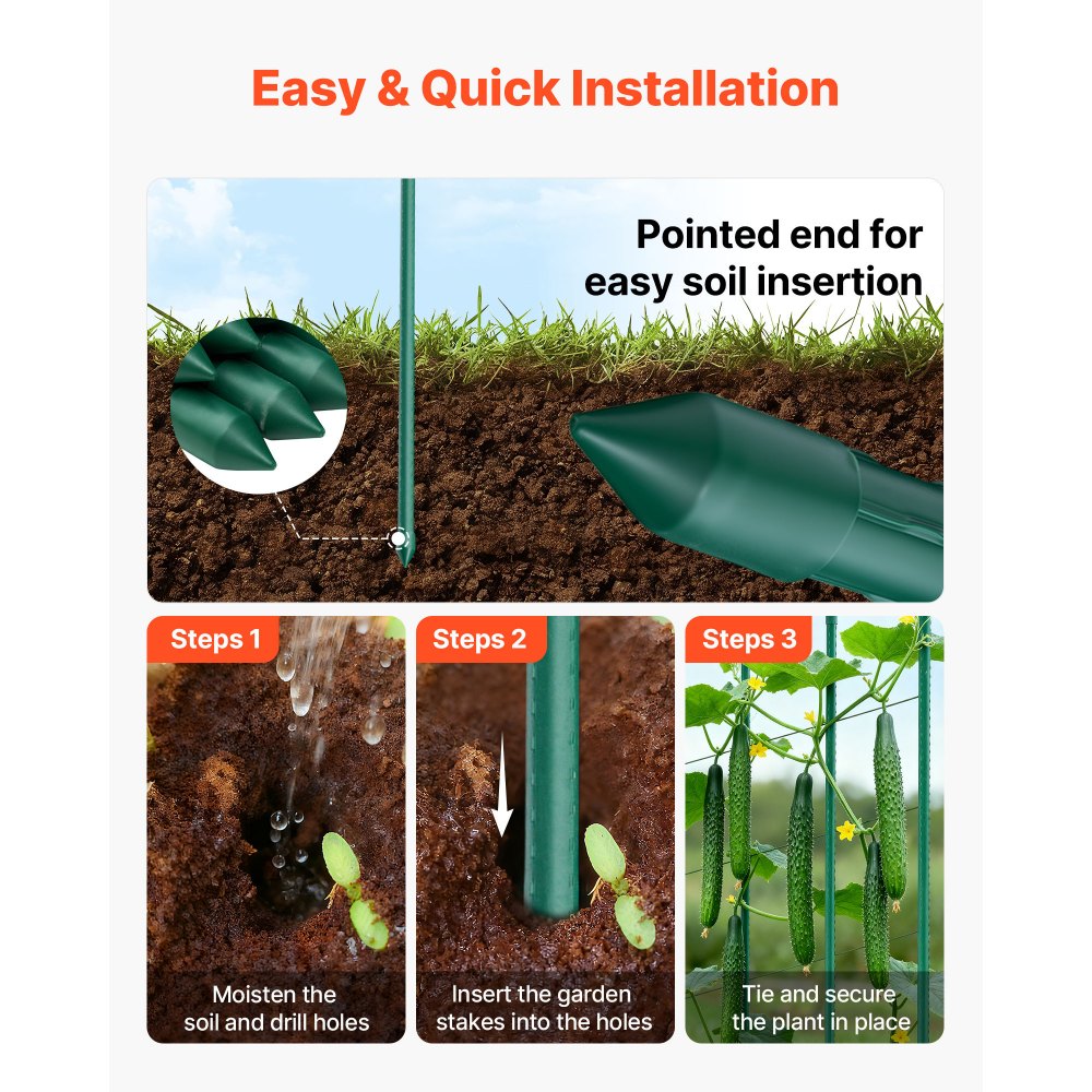 VEVOR Podpórka do roślin, 10 szt., paliki do roślin ⌀11 x 1455 mm, metalowe paliki do pomidorów powlekane plastikiem, podpórka do roślin z ostrym końcem i antypoślizgowymi wypustkami do uprawy roślin pnących i warzyw