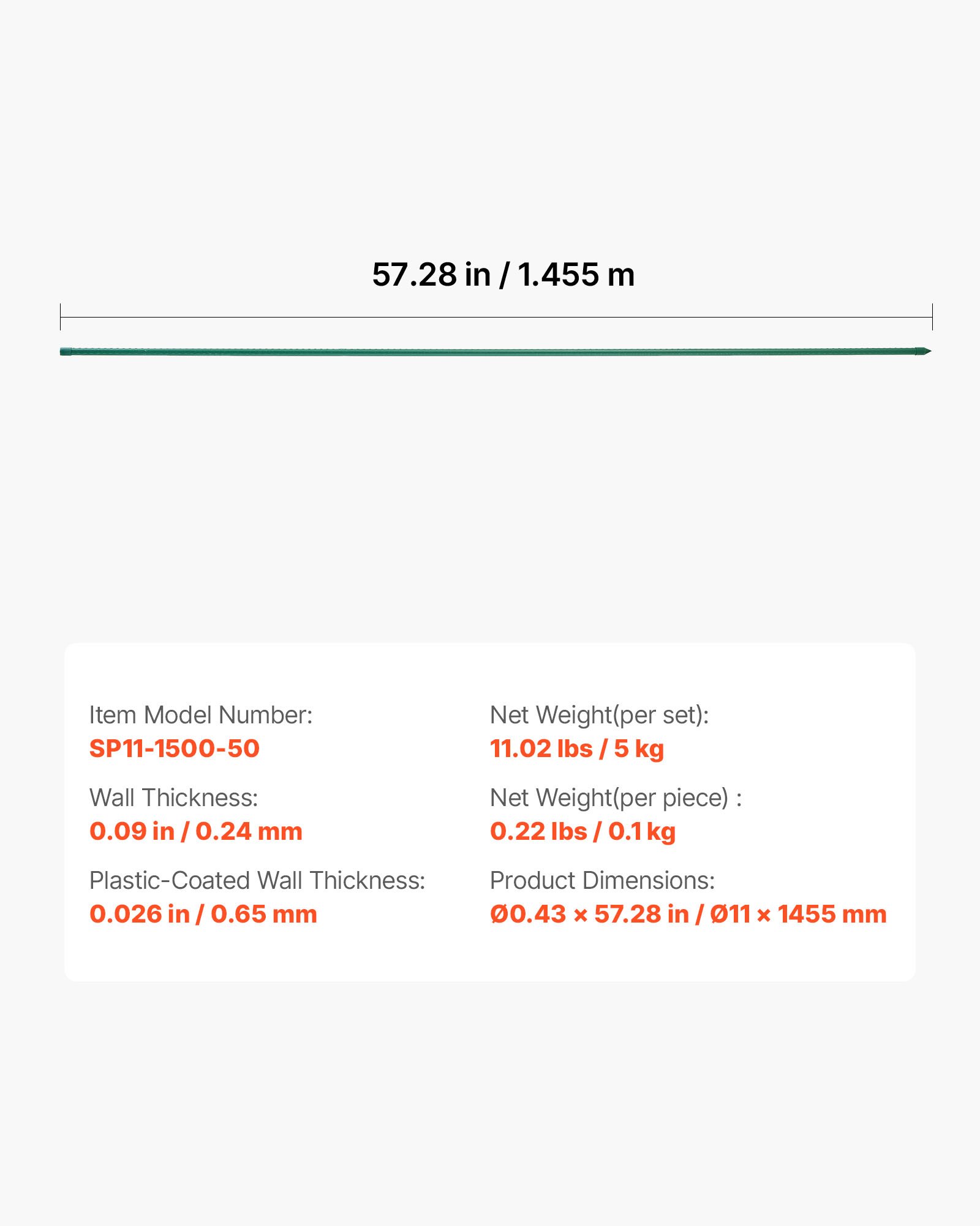VEVOR Podpórka do roślin, 10 szt., paliki do roślin ⌀11 x 1455 mm, metalowe paliki do pomidorów powlekane plastikiem, podpórka do roślin z ostrym końcem i antypoślizgowymi wypustkami do uprawy roślin pnących i warzyw