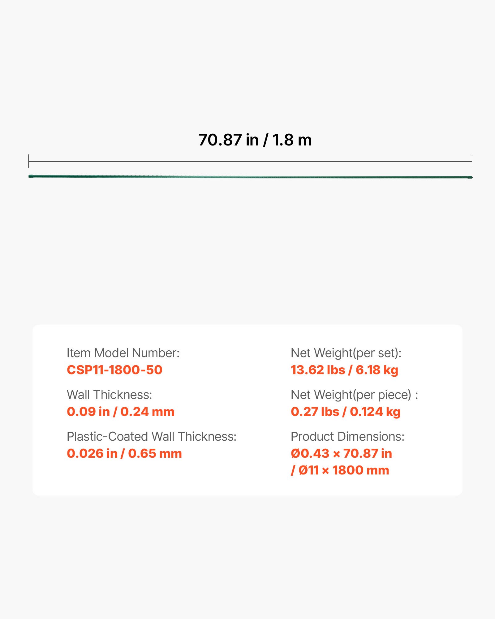 VEVOR Podpórka do roślin, 50 szt., paliki do roślin ⌀11 x 1800 mm, metalowe paliki do pomidorów powlekane plastikiem, podpórka do roślin z ostrym końcem i antypoślizgowymi wypustkami do uprawy roślin pnących i warzyw