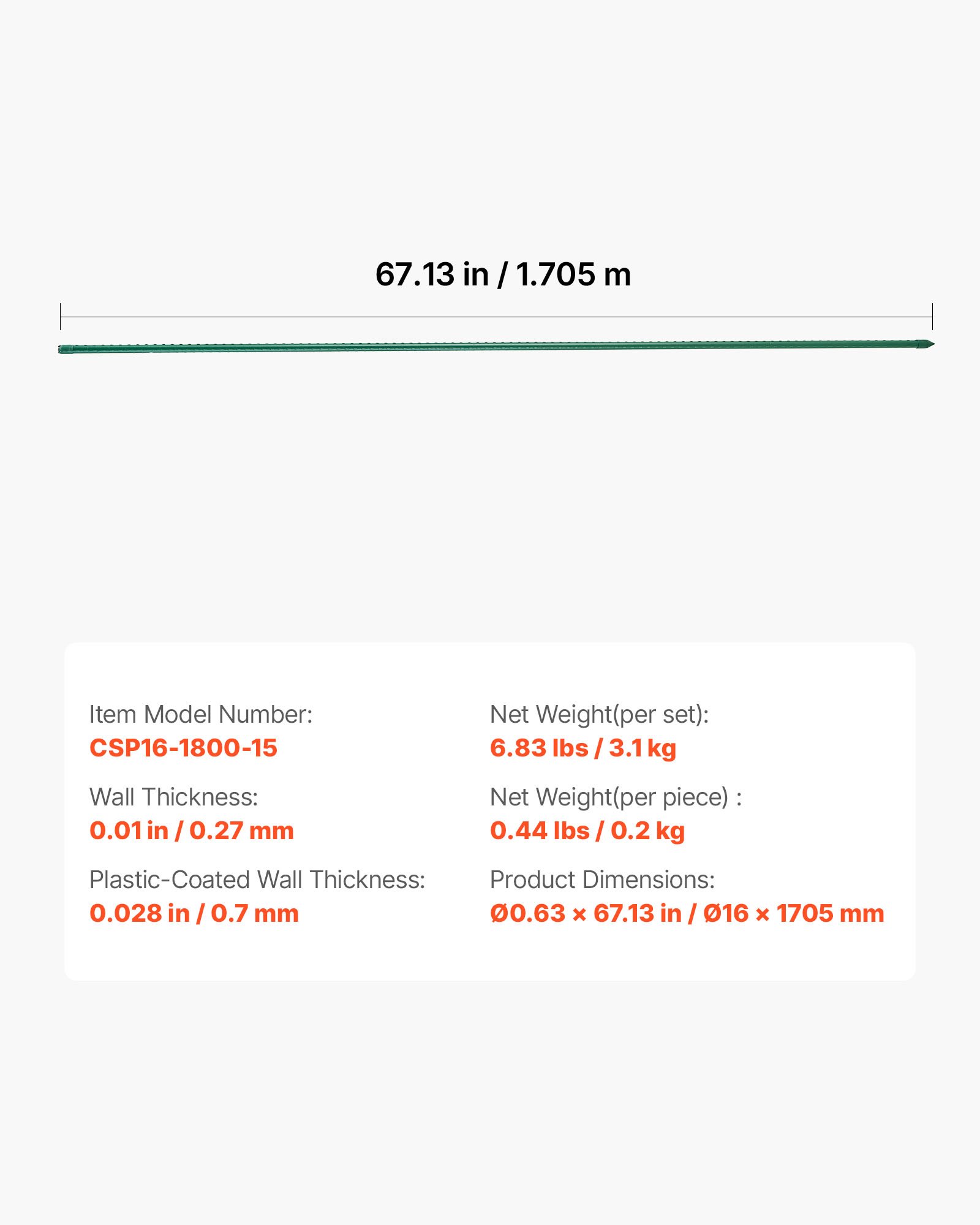 VEVOR Podpórka do roślin, 15 szt., paliki do roślin ⌀16 x 1705 mm, metalowe paliki do pomidorów powlekane plastikiem, podpórka do roślin z ostrym końcem i antypoślizgowymi wypustkami do uprawy roślin pnących i warzyw