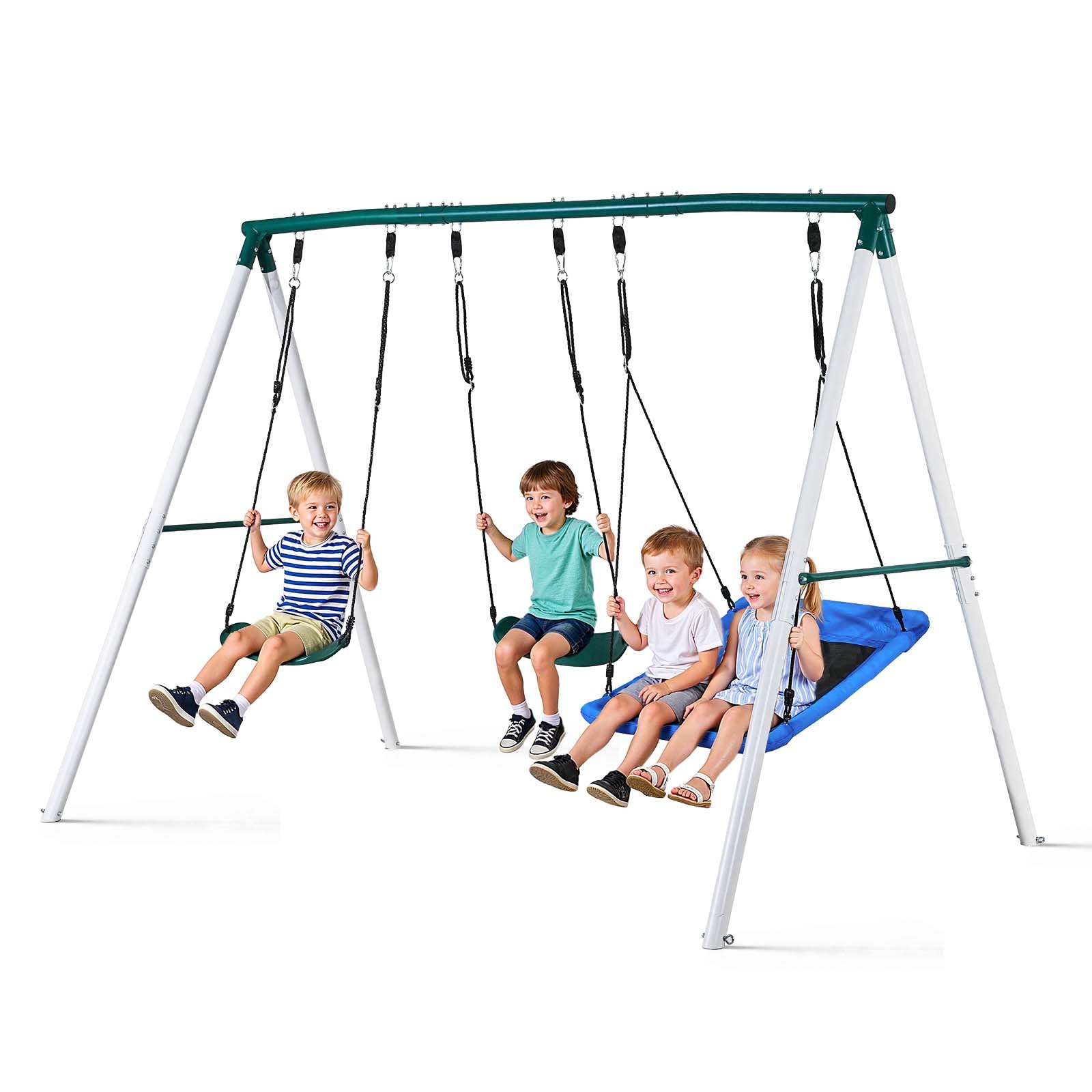 Huśtawka ogrodowa VEVOR z metalową ramą w kształcie litery A i dwoma pasami bezpieczeństwa, siedziskiem huśtawki (110 x 80 cm), nośność do 318 kg, zestaw huśtawek zewnętrznych, wzmocniona spiralnymi kotwami gruntowymi