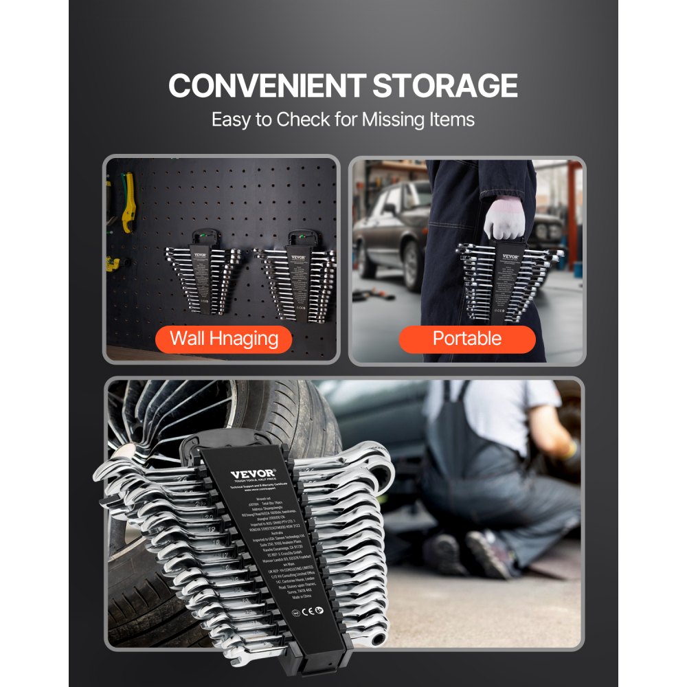 Zestaw kluczy płasko-oczkowych VEVOR, 16 elementów, zestaw kluczy grzechotkowych z organizerem, stal chromowo-wanadowa, metryczne, od 8 mm do 24 mm, idealny do użytku domowego, garażu, warsztatu, napraw samochodowych w nagłych wypadkach