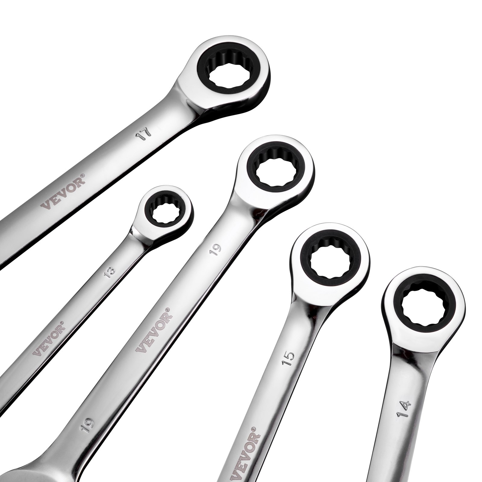 Zestaw kluczy VEVOR 8-częściowy zestaw kluczy grzechotkowych z organizerem, stal chromowo-wanadowa, metryczne 8 mm do 19 mm, idealny do ogólnych napraw domowych, garażowych i samochodowych.