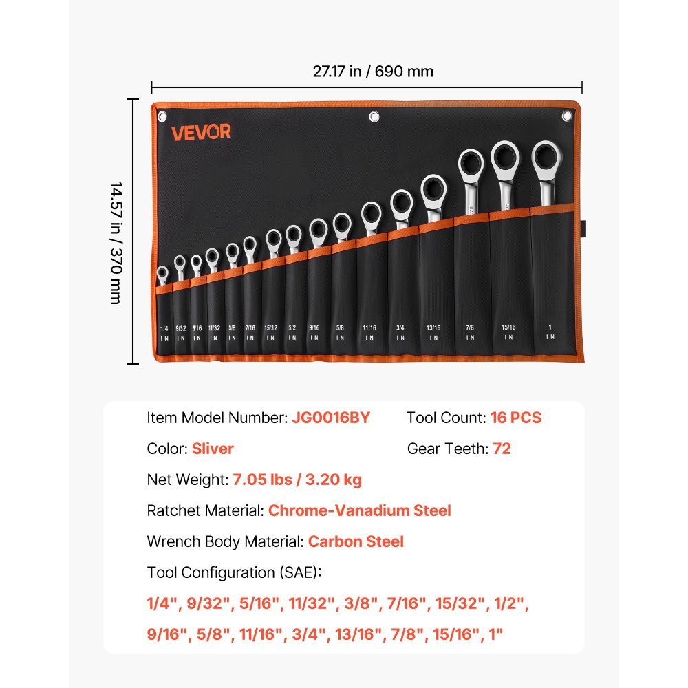 Zestaw kluczy grzechotkowych VEVOR 16 elementów, SAE 72 zęby, zestaw kluczy oczkowych z grzechotką ze stali chromowo-wanadowej z torbą do przechowywania, klucze płaskie i oczkowe z grzechotką do napraw domowych i samochodowych