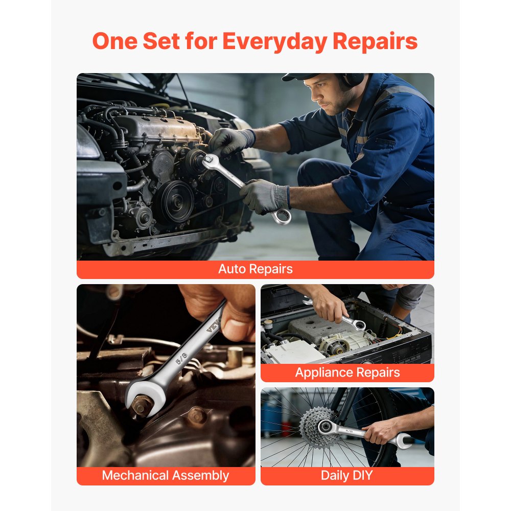 Zestaw kluczy grzechotkowych VEVOR 26 elementów, metryczny SAE 72 zęby, zestaw kluczy oczkowych z grzechotką ze stali chromowo-wanadowej ze schowkiem, otwartą końcówką i czytelnymi etykietami rozmiarów, klucze płaskie do napraw samochodowych