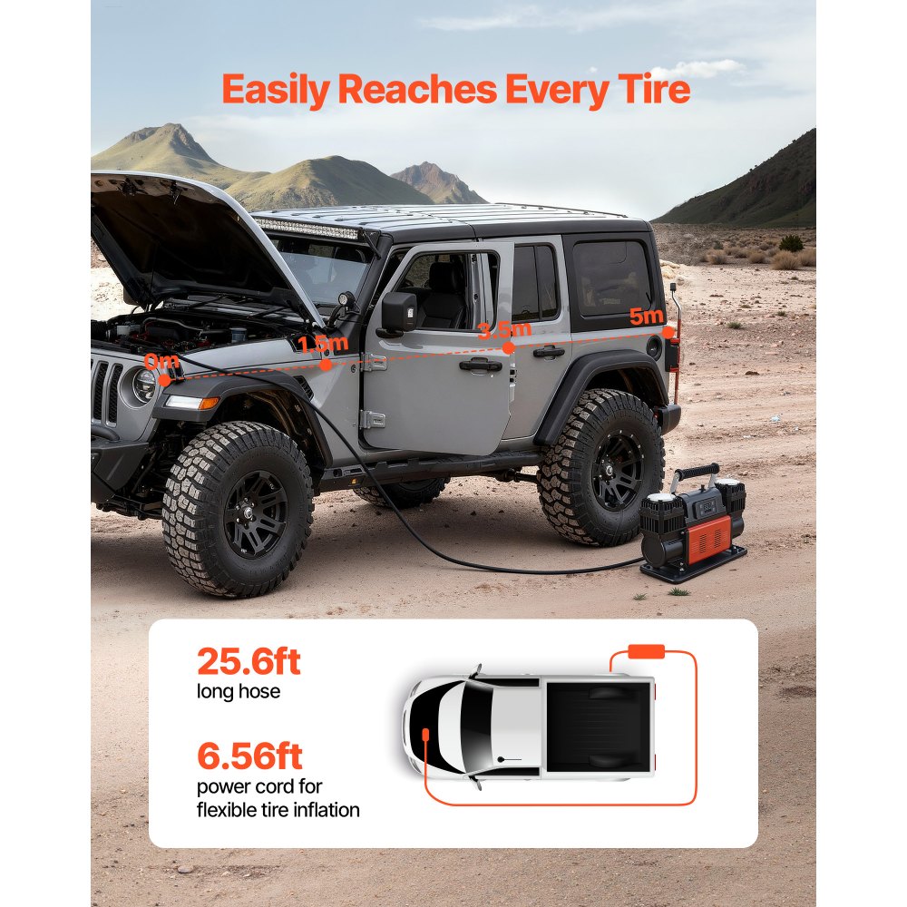 Kompresor powietrza VEVOR dwucylindrowy, 300 l/min, pompa do opon z automatycznym wyłącznikiem, 12 V, 10,3 bara, pompa powietrza do jazdy w terenie z cyfrowym wyświetlaczem LCD i adapterami do ciężarówek, samochodów osobowych, SUV-ów, pojazdów terenowych i kamperów