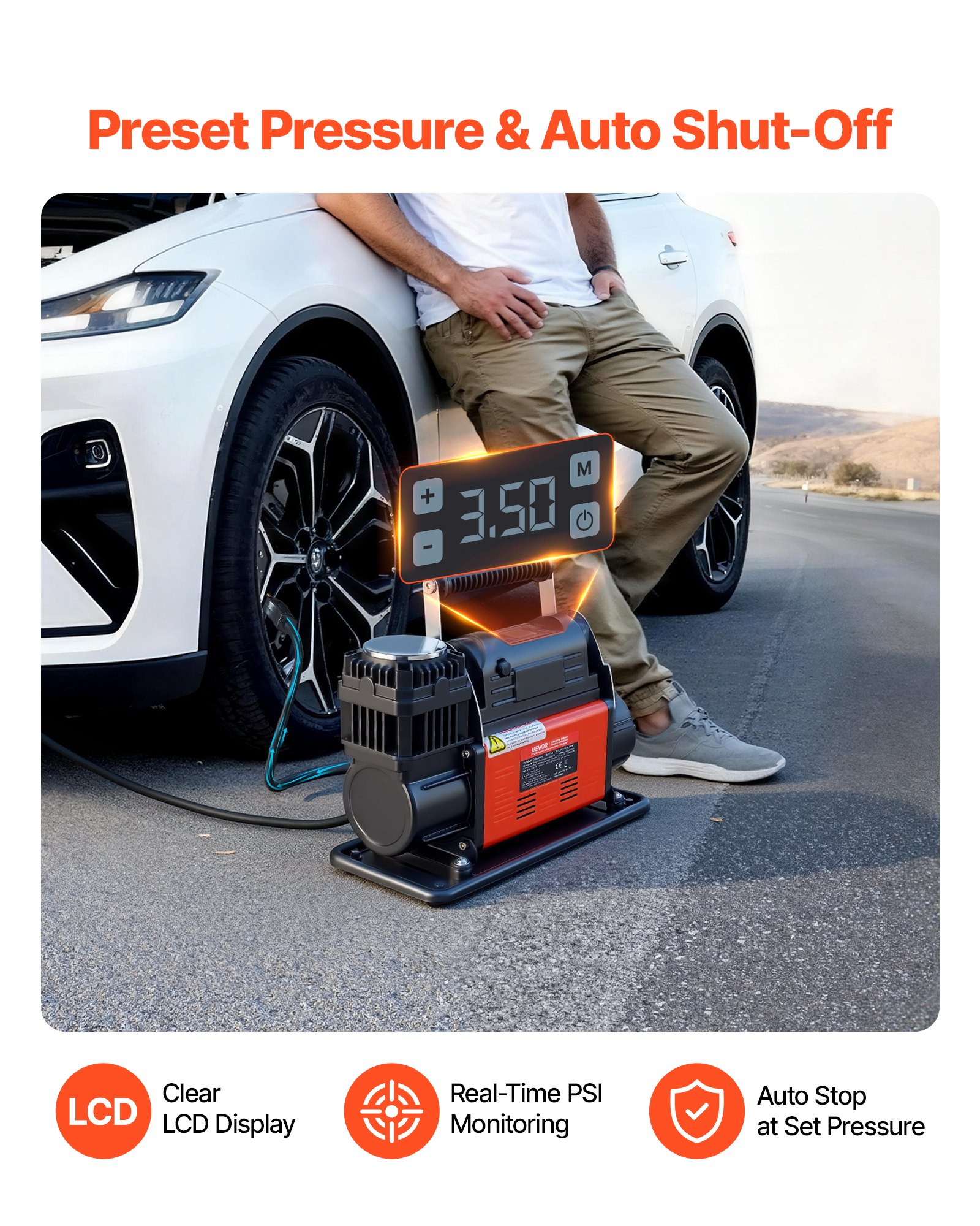 VEVOR 12V Heavy Duty Air Compressor, Auto-Stop Portable Tire Inflator with LCD Digital Display, 202 L/Min 150PSI Offroad Air Pump with Adapters for Trucks Car SUV 4 x 4 Vehicle RV