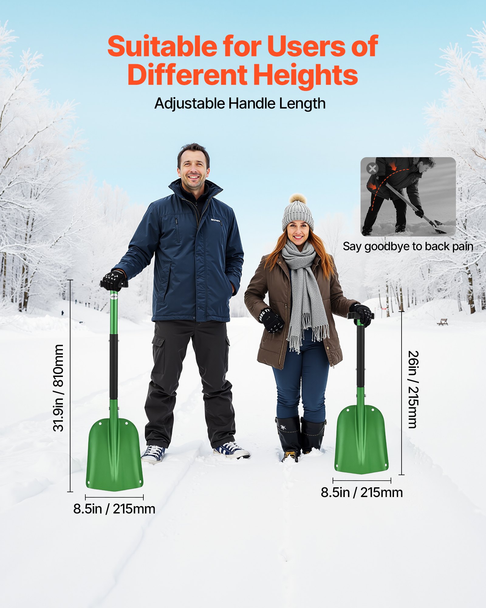 VEVOR Snow Shovel for Driveway, 21.5cm Wide Aluminum Alloy Snow Shovel with T-shaped Handles, Large Capacity Snowplow Shovels, Portable & Lightweight Snows Removal Tool for Garden Car Camping