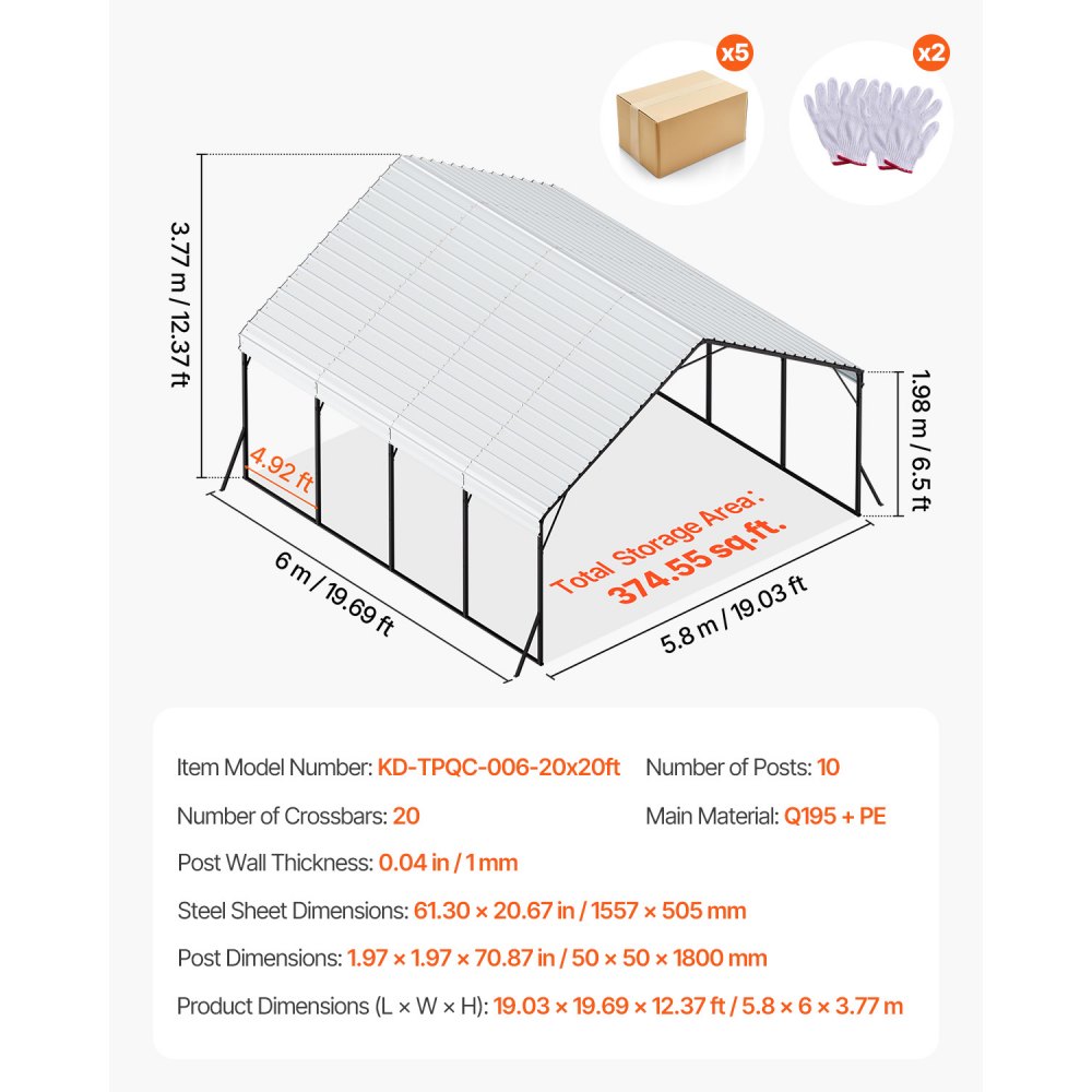 VEVOR Heavy Duty Metal Carport, 5.8 x 6 x 3.77 m Outdoor Carport with Sturdy Frame & Roof, Car Garage Shade with Removable Sidewalls, Multi-Use Car Shelter for Pickup, Boat, Trucks & Tractors
