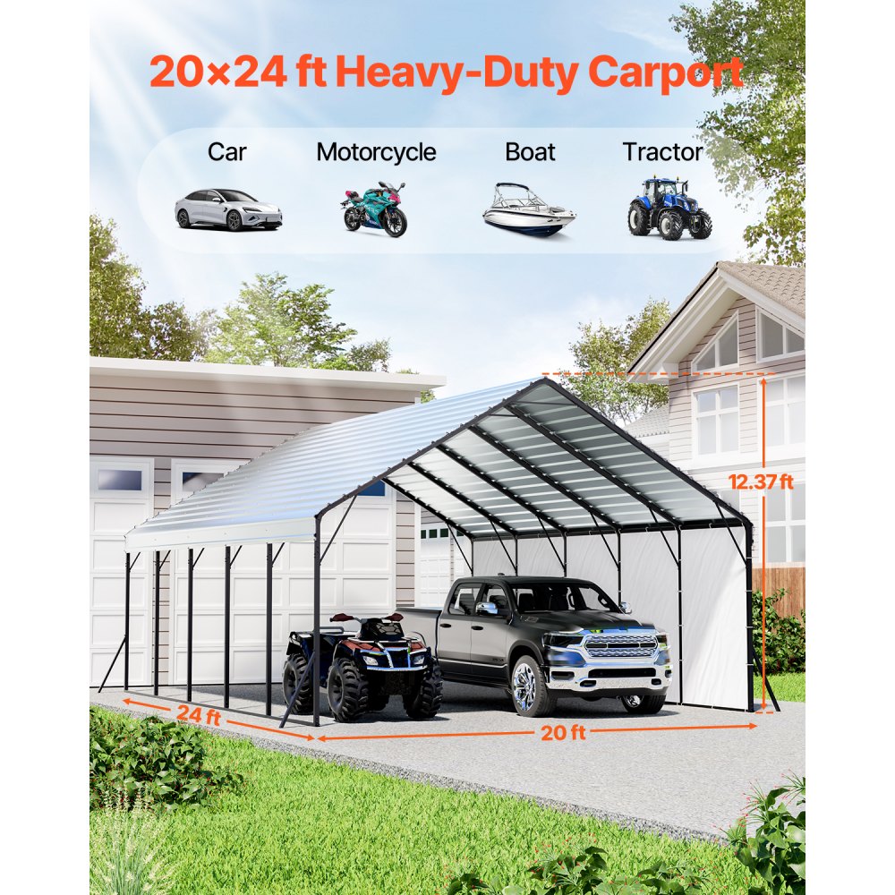 VEVOR Carport, 5,8 x 7,45 x 3,77 m, namiot magazynowy z solidną ramą i dachem, zadaszenie samochodu ze zdejmowanymi ścianami bocznymi, wielofunkcyjny namiot garażowy do pickupów, łodzi, ciężarówek i ciągników