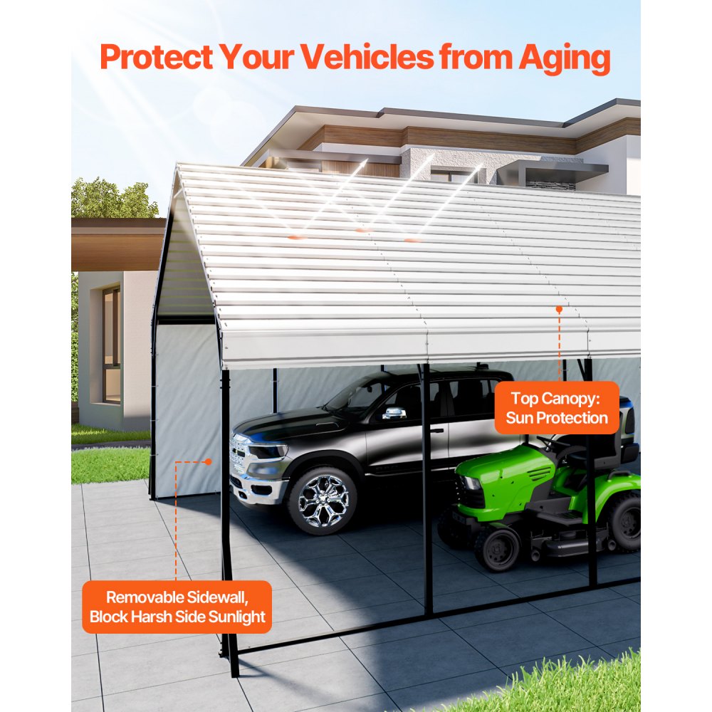 VEVOR Carport, 5,8 x 7,45 x 3,77 m, namiot magazynowy z solidną ramą i dachem, zadaszenie samochodu ze zdejmowanymi ścianami bocznymi, wielofunkcyjny namiot garażowy do pickupów, łodzi, ciężarówek i ciągników