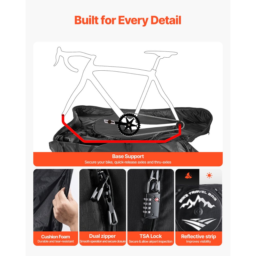 Torba transportowa na rower VEVOR, torba na rower szosowy z zamkiem TSA i podwójnym zamkiem błyskawicznym, torba na rower o rozstawie osi 94–106 cm, do podróży samolotem, aktywności na świeżym powietrzu, w samolocie, samochodzie, pociągu i metrze