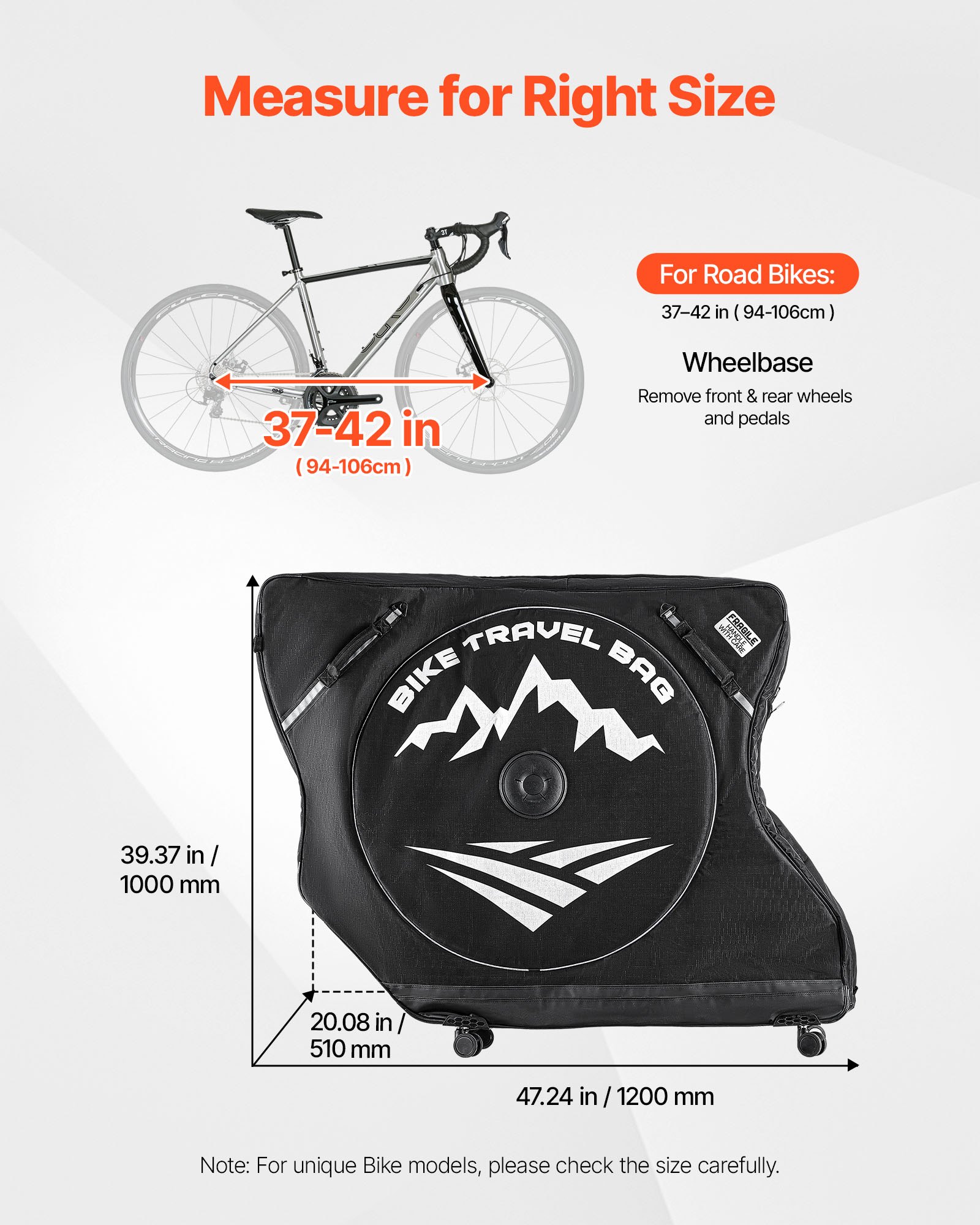 Torba transportowa na rower VEVOR, torba na rower szosowy z zamkiem TSA i podwójnym zamkiem błyskawicznym, torba na rower o rozstawie osi 94–106 cm, do podróży samolotem, aktywności na świeżym powietrzu, w samolocie, samochodzie, pociągu i metrze